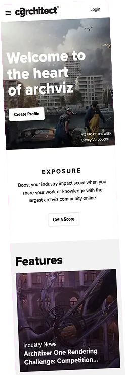 CGArchitect home page on a phone, headed "Welcome to the heart of archviz"