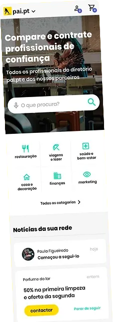 Páginas Amarelas service marketplace on a phone, comparing trusted professionals
