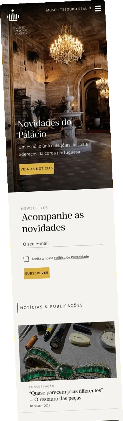 Palácio Nacional da Ajuda website on a phone, showing palace news